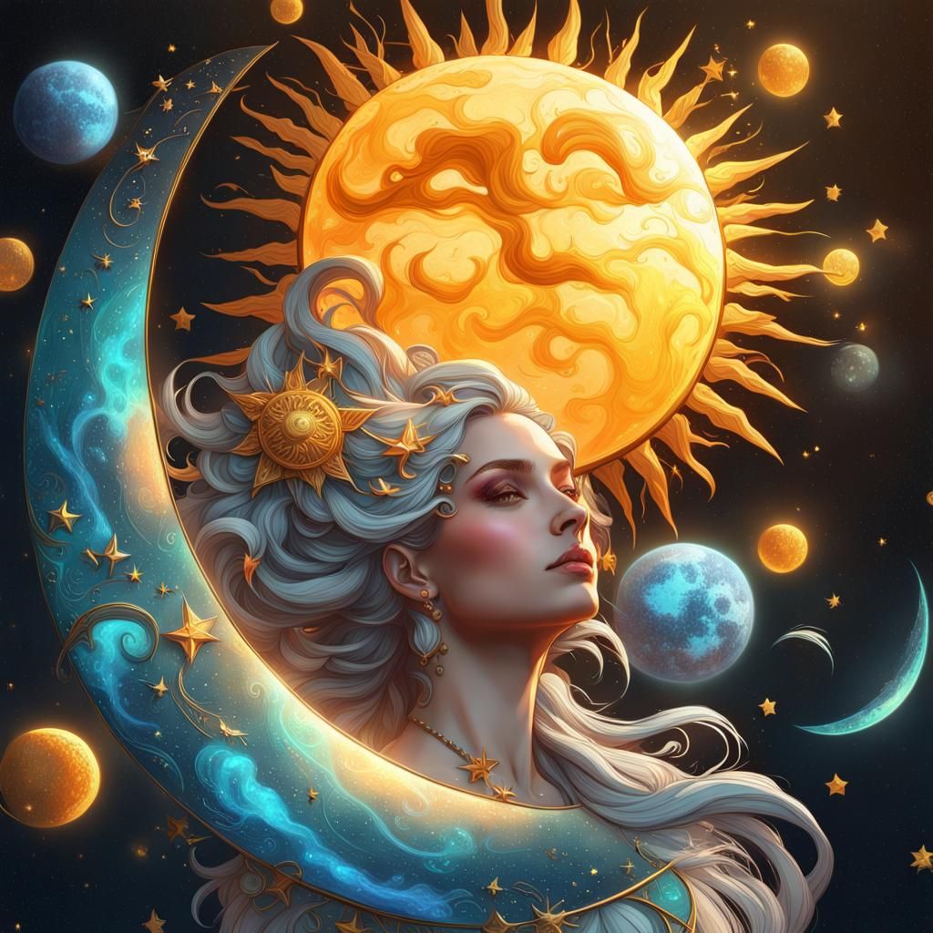 Whimsical Celestial Portrait in Art Nouveau Style