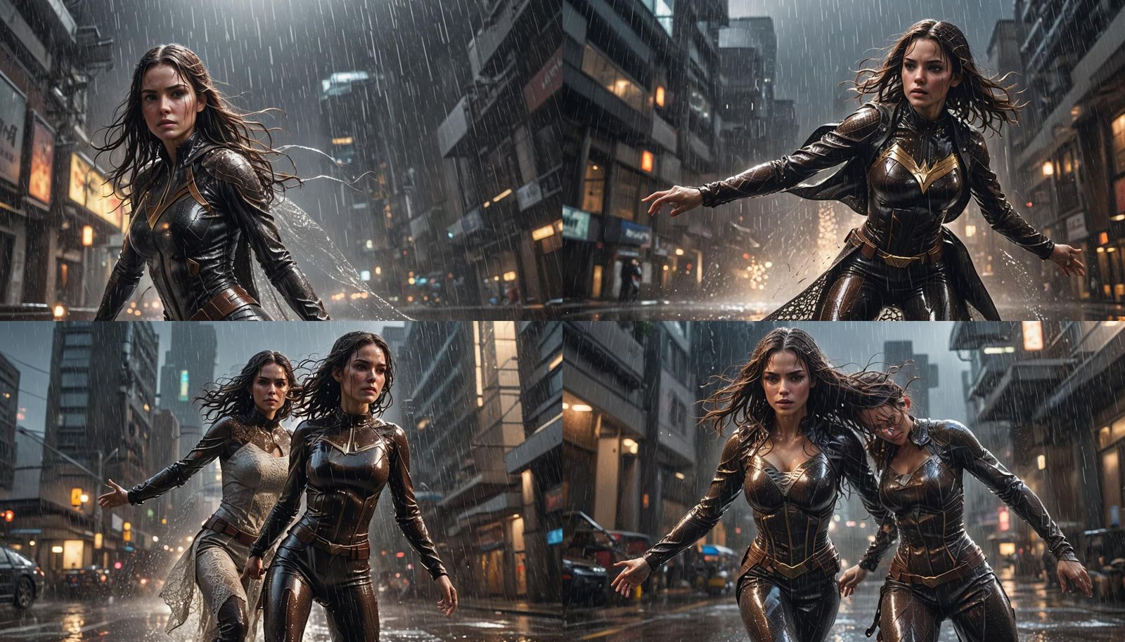Rain-Soaked Superhero in Futuristic Setting