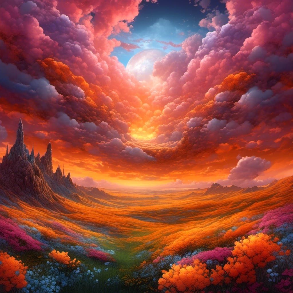 Fantasy Landscape with Floating Cloud in Detailed Digital Ar...