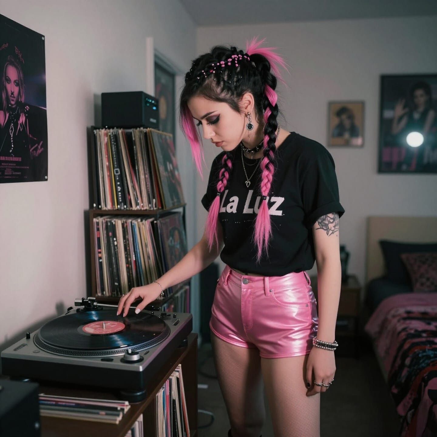 Punk Girl with Pink and Black Hair in Apartment