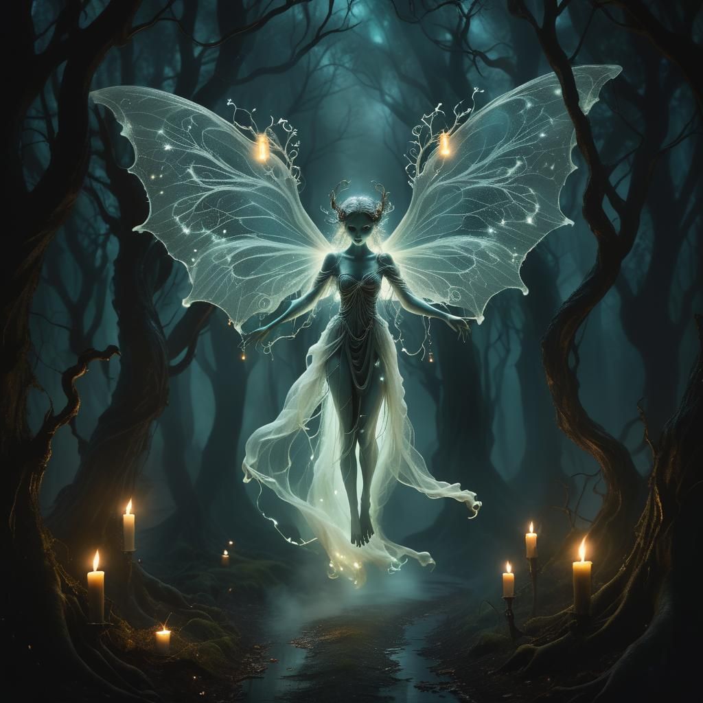 Eerie Ghostly Fae in Mystical Forest Painting