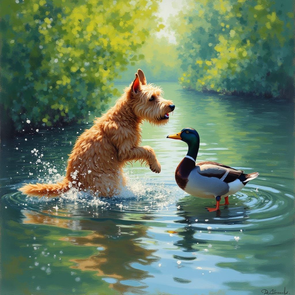 Irish Terrier and Ducks as Impressionist Gouache