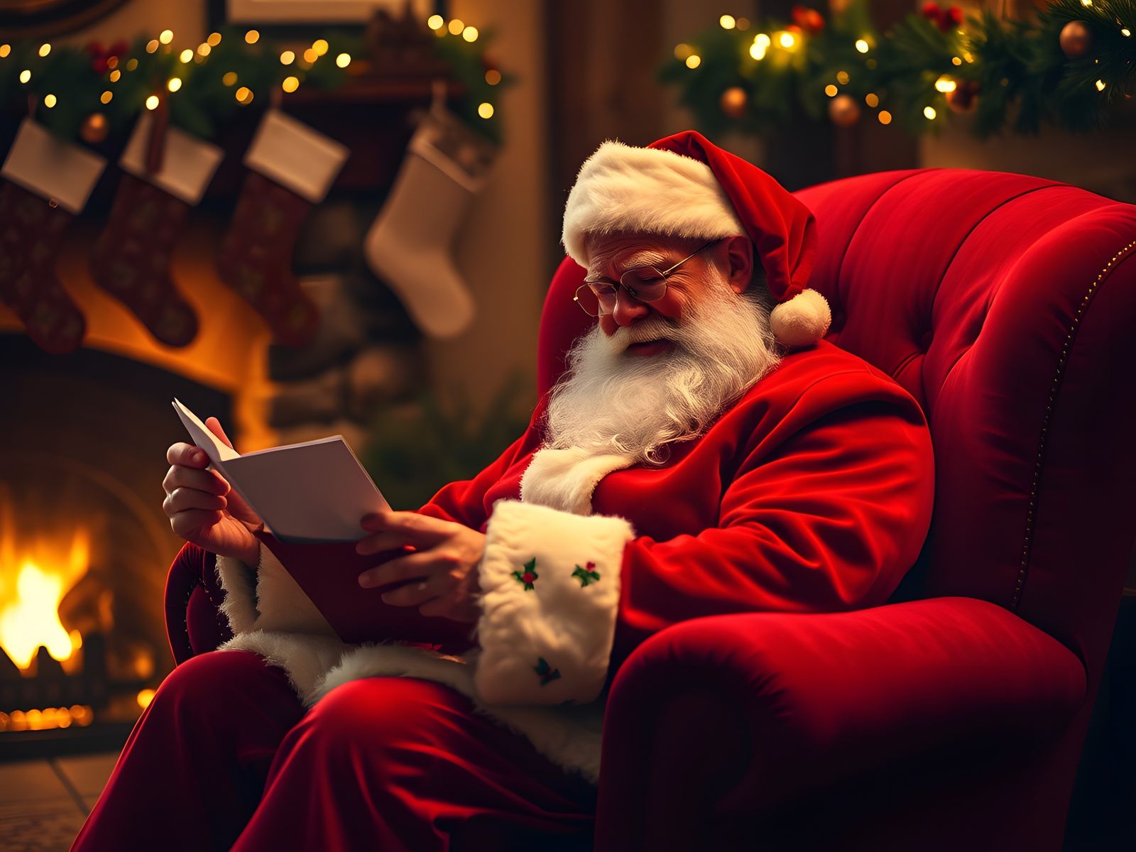Cozy Santa Reading Letters by Fireplace