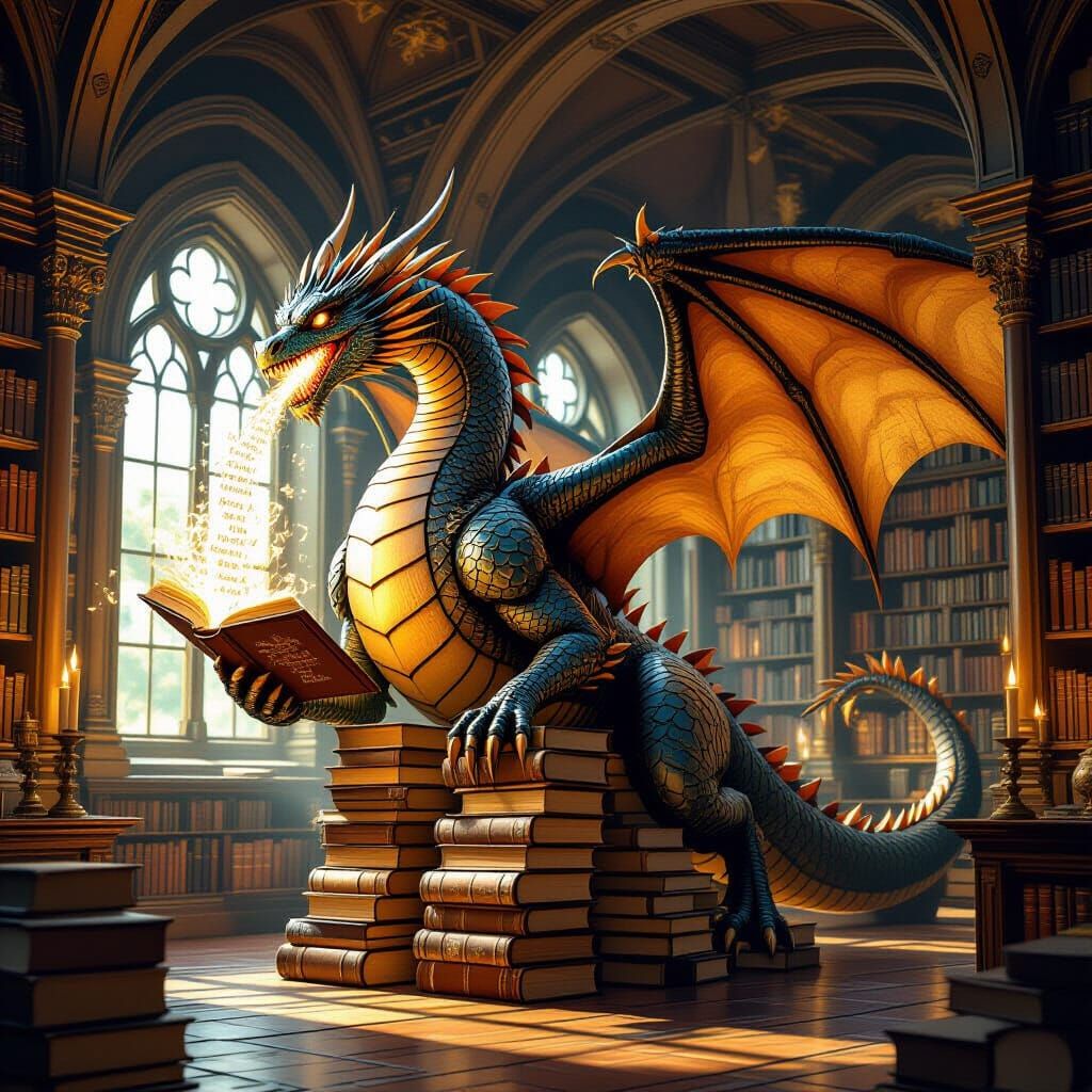 Giant Book Dragon in Mystical Library