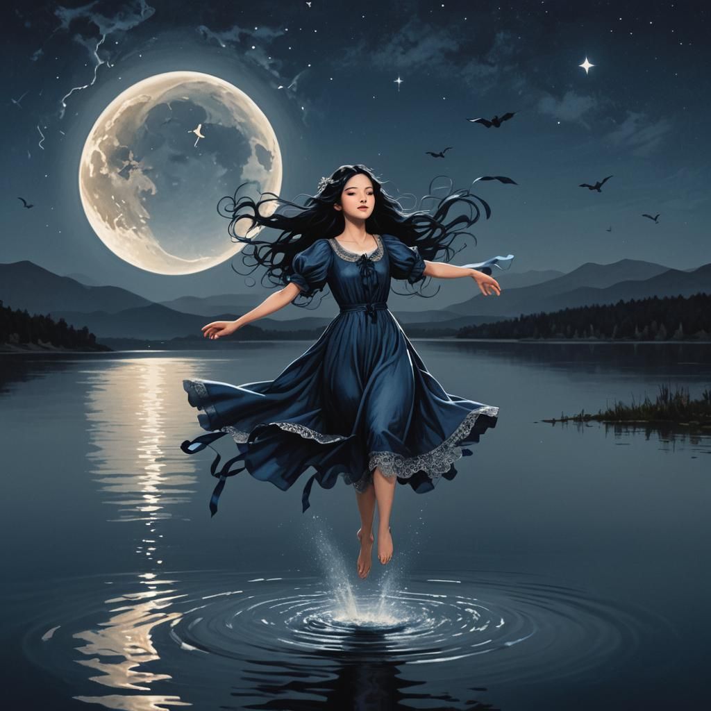 Moonlit Flight: Angelic Girl Over Lake
