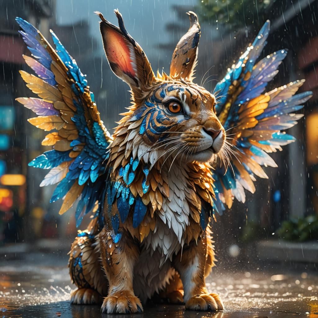 Rabbit with Tiger Fur and Dragon Wings in Rain