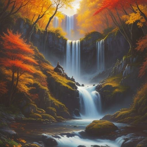Majestic Cat at Autumn Waterfall in Vibrant Oil Painting