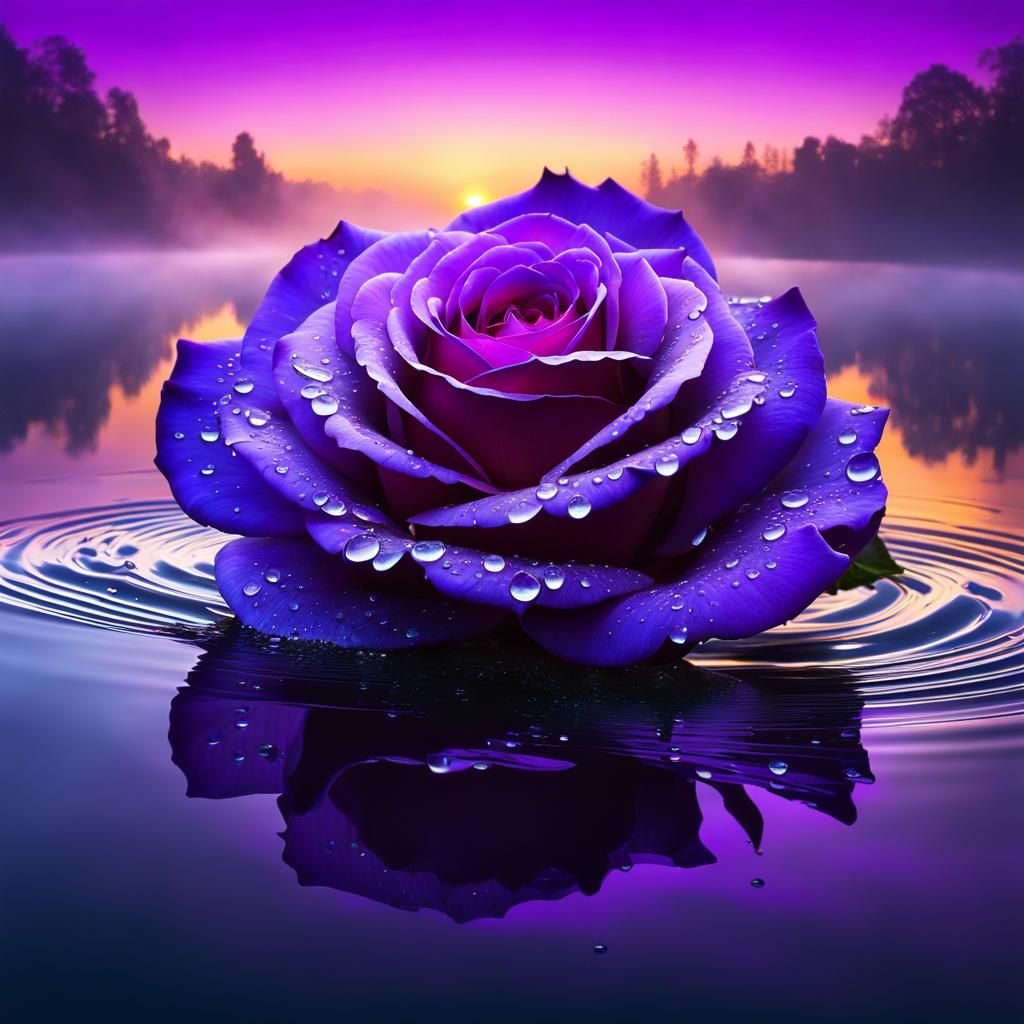 Purple Rose Floating on Water with Gold Details