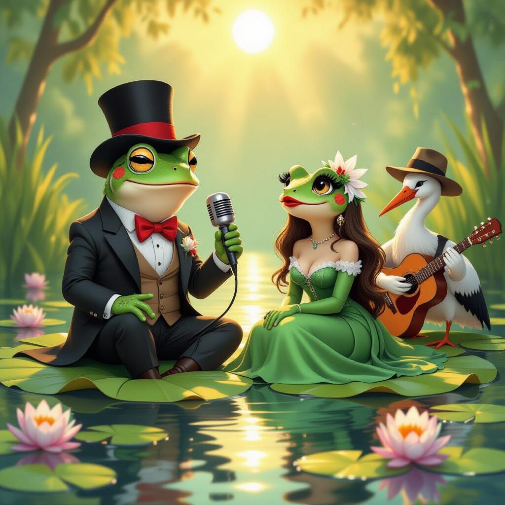 Frog Serenade on Lily Pads in Whimsical Style