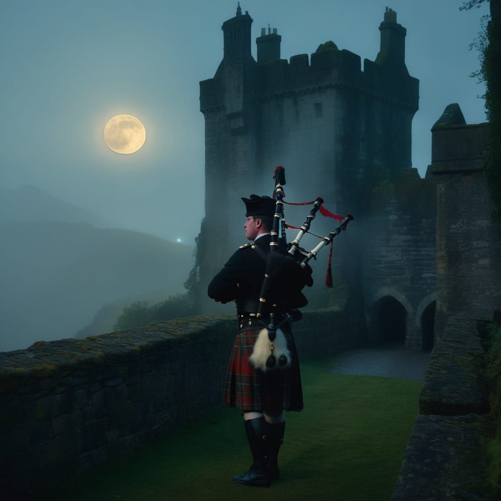 Bagpiper on Castle Battlements in Moonlight