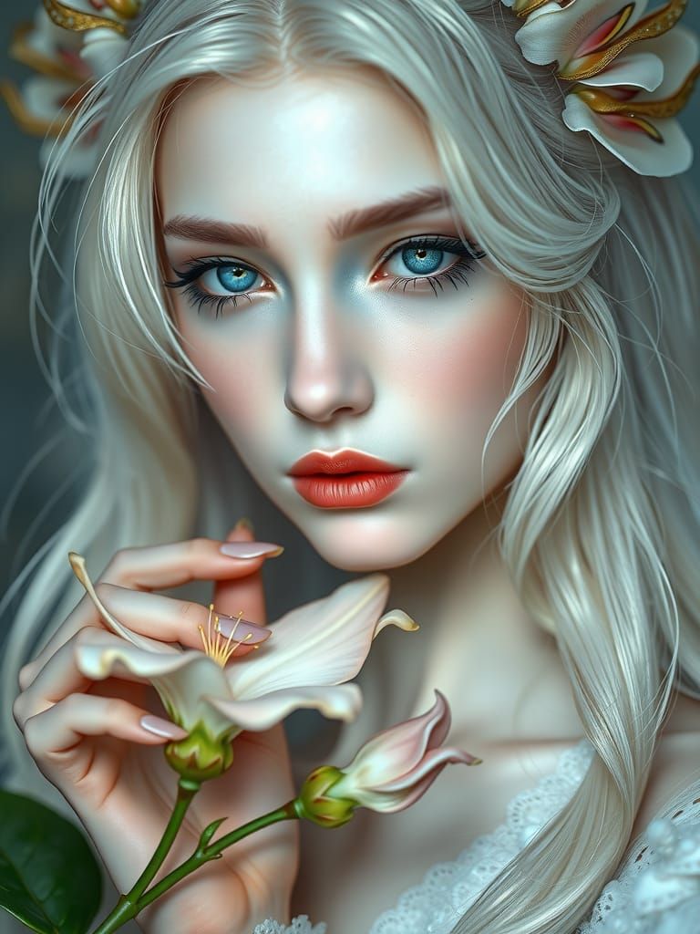 Ethereal Woman with Flower, Fantasy Art Portrait