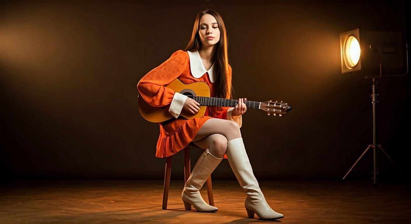 Retro TV Studio: Woman with Guitar in Film Noir Style