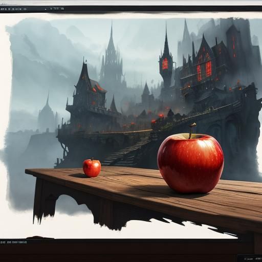 Red Apple Watercolor Drawing, Detailed Matte Painting
