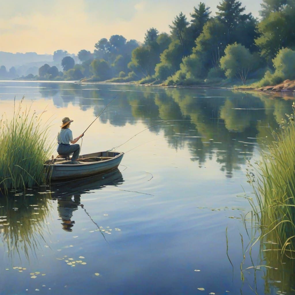 Woman Fishing in a Serene Watercolor Masterpiece
