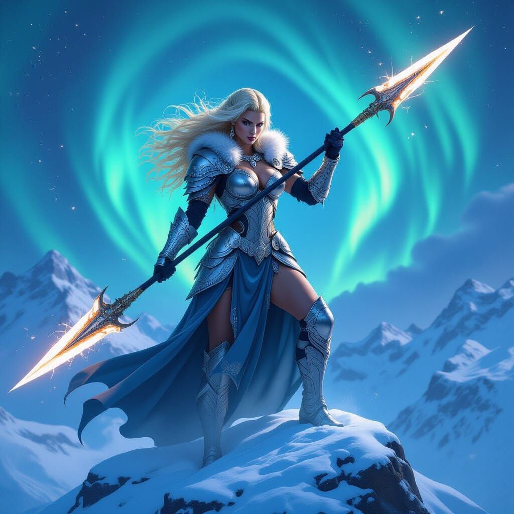 Valkyrie Warrior Portrait with Glowing Spear and Auroras