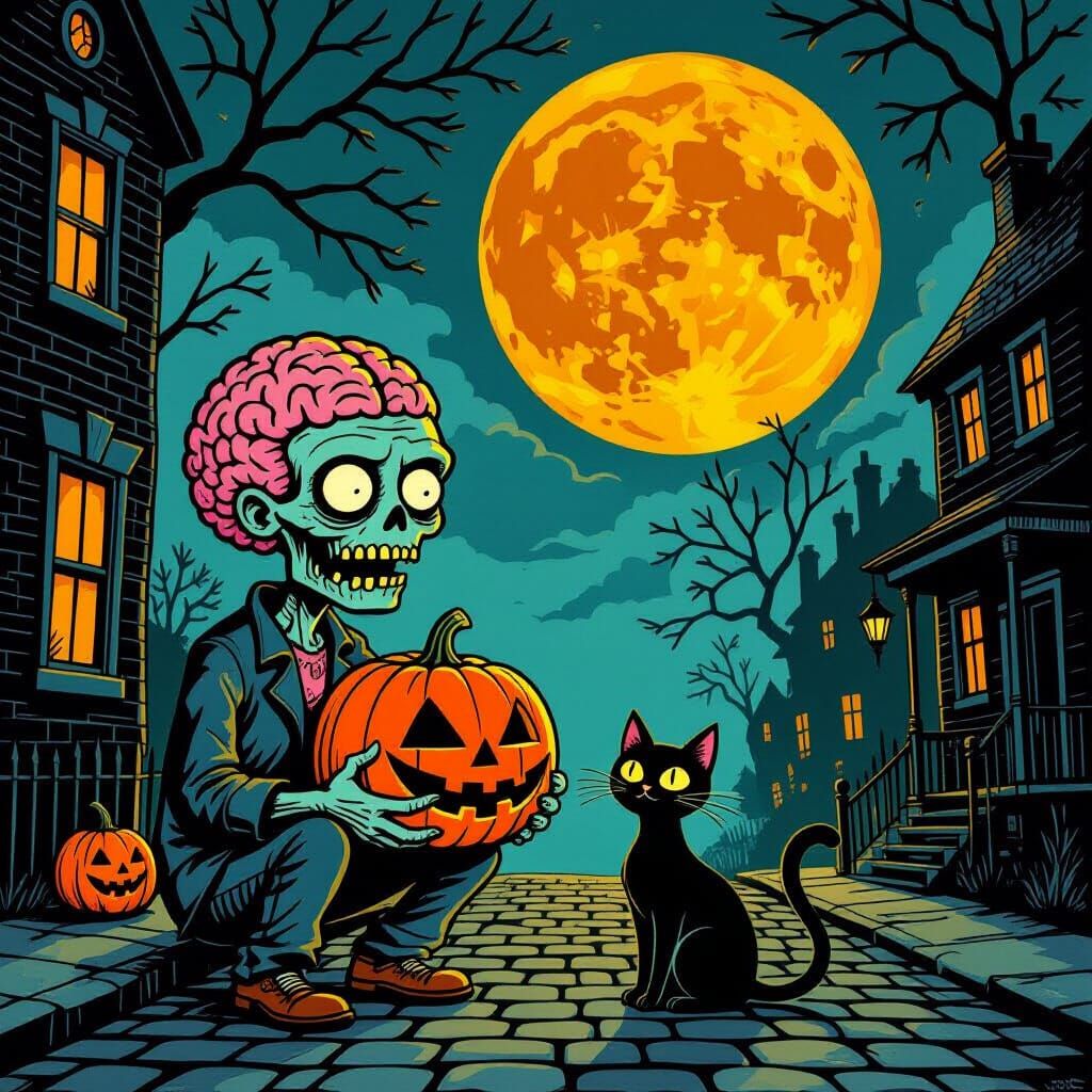 Zombie with Giant Brain and Cat Under Orange Moon