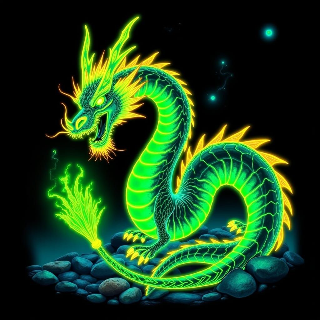 Neon Dragon Coiled in the Dark
