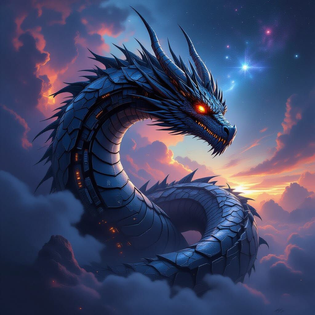 Biomechanical Dragon Coiled Around Nebula in Cosmic Armor