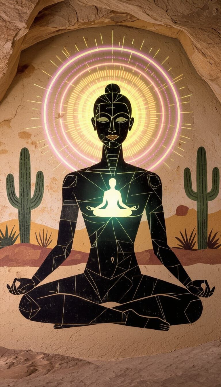 Cave Painting of Geometric Figure Meditating with Radiant Ha...