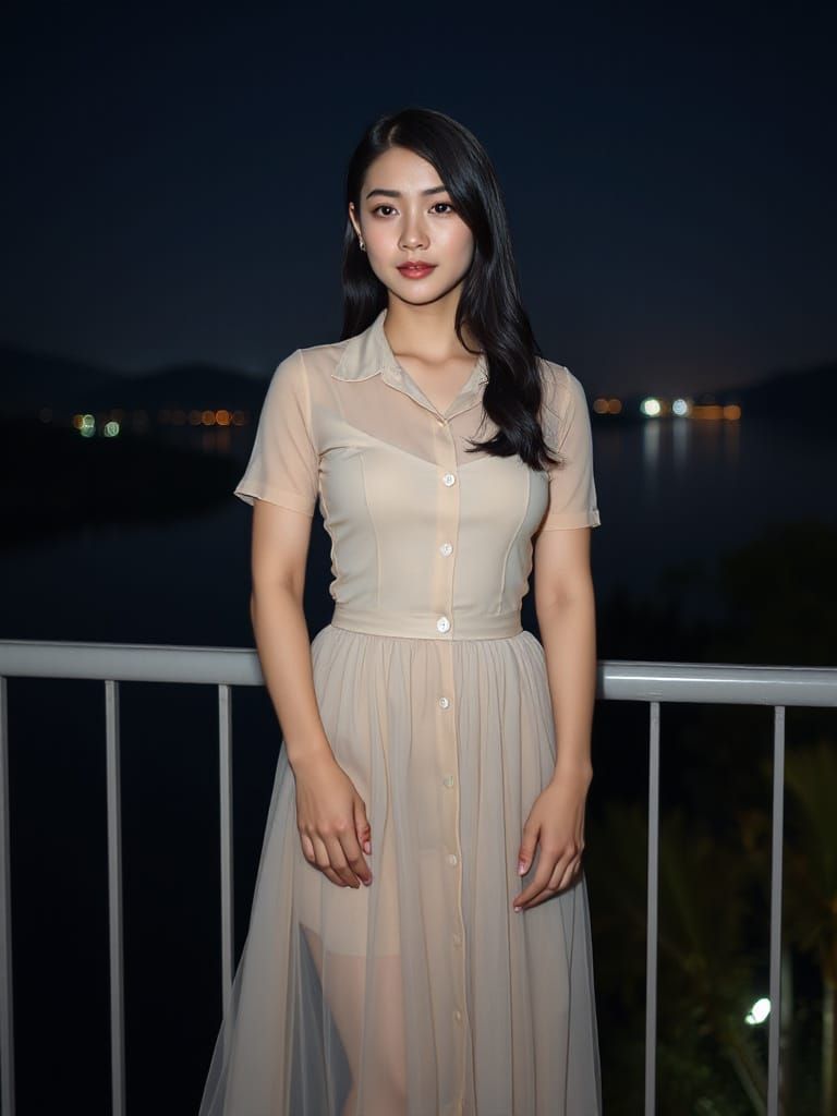 Elegant Vietnamese Woman Overlooking Serene Lake at Night