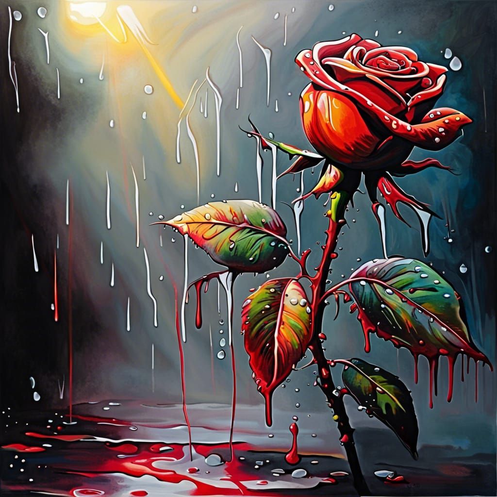 Red Rose in Morning Dew: Splash Art Style