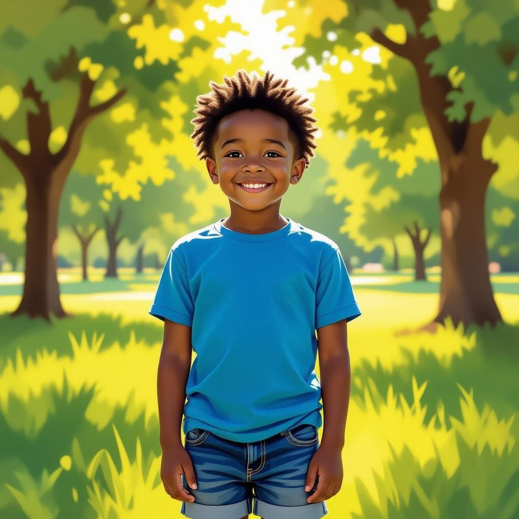 Joyful Black Boy in Sunlit Park Oil Painting