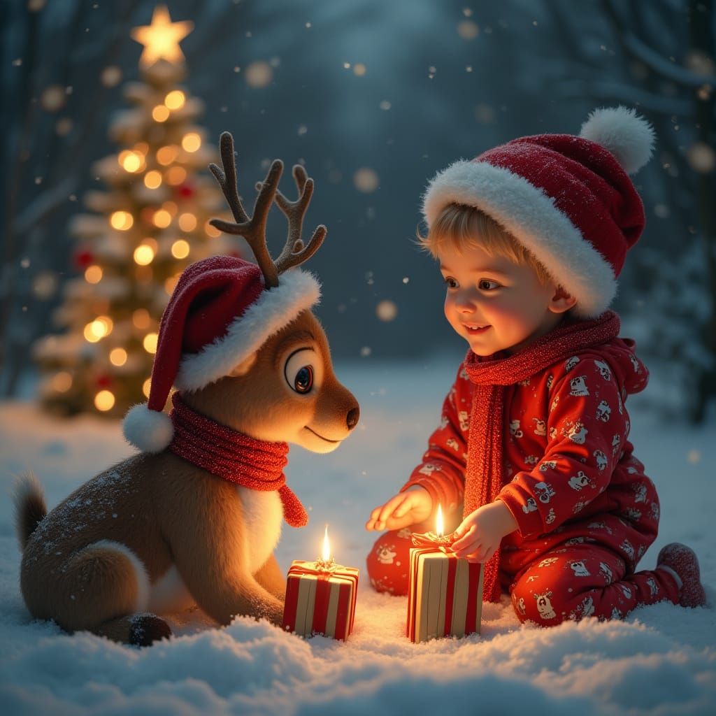 Cozy Christmas Eve: Child and Reindeer Share Gifts