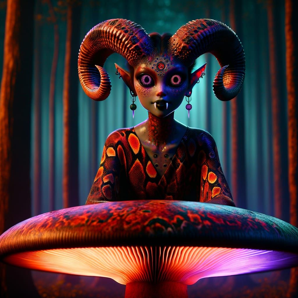 Elf with Horns in Shadowy Forest Scene