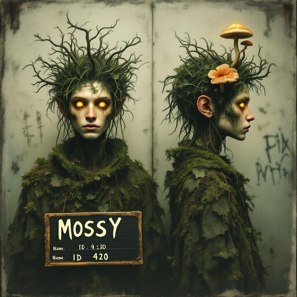 Mischievous Forest Spirit Mugshot in Vintage Style
