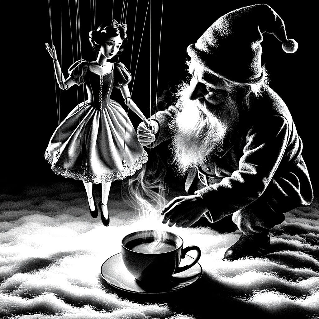 Snow White Marionette & Gnome in Snowy Coffee Scene