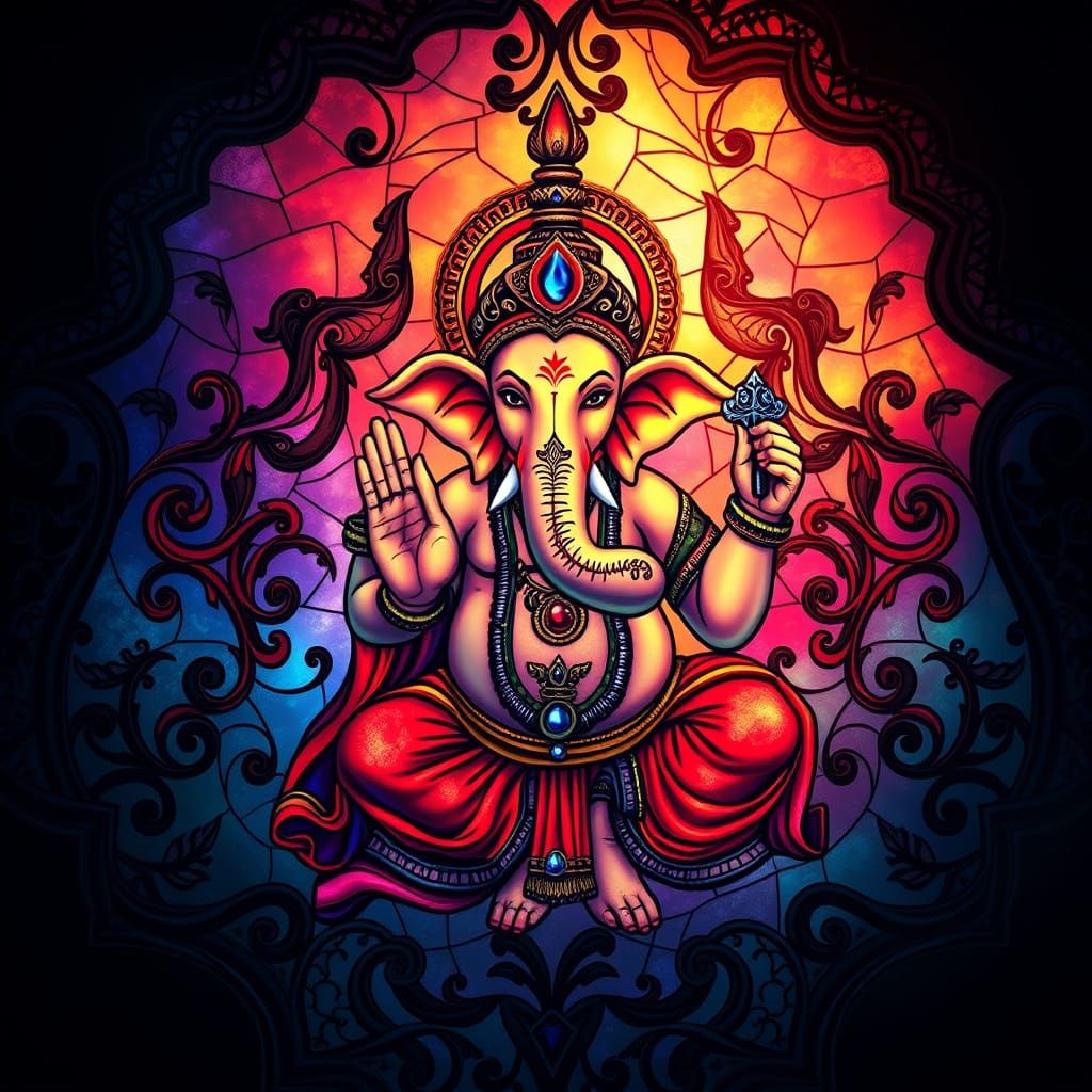 Ganesha in Vibrant Stained Glass Aura