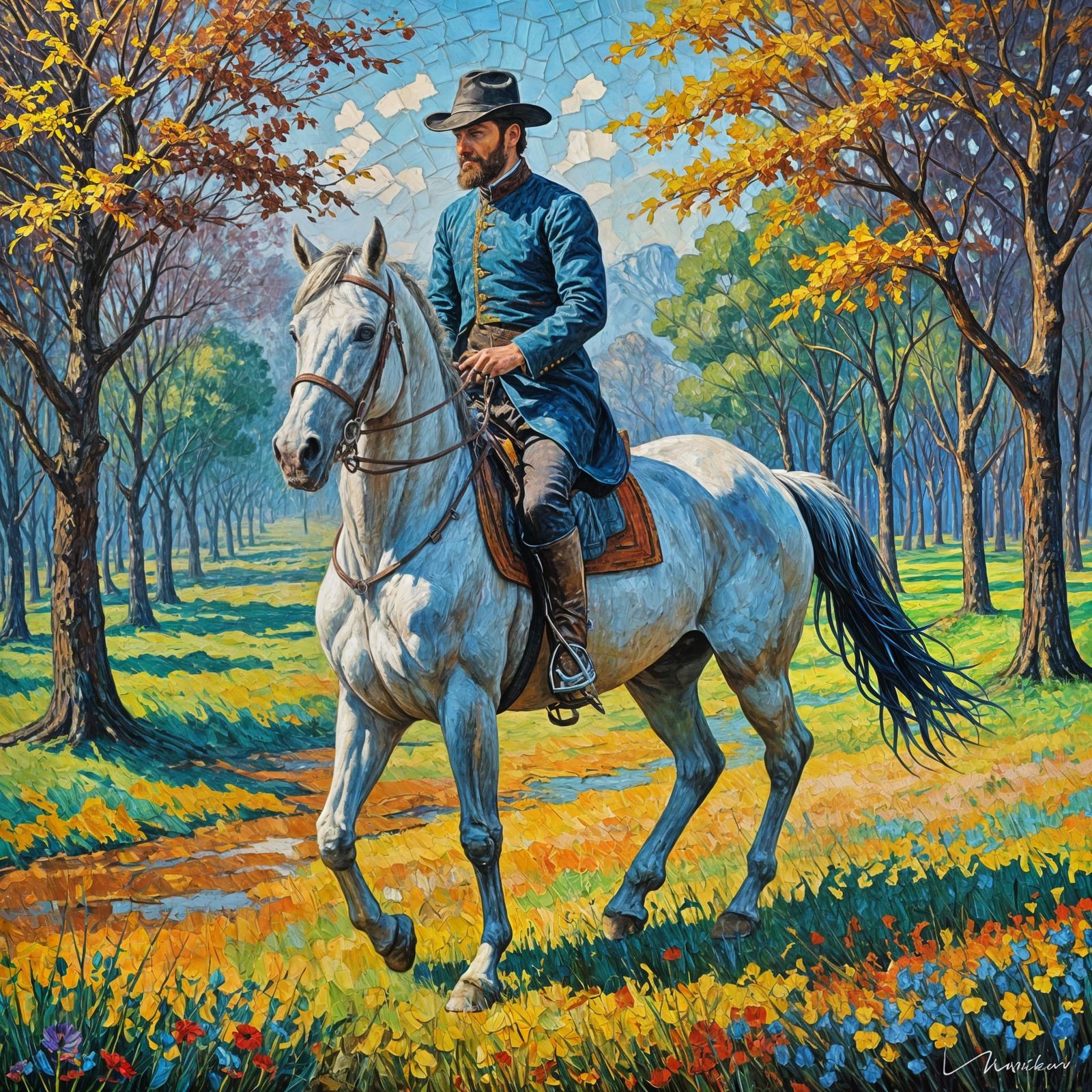 Ethereal Ancient Warrior on Horseback in Neo-Expressionist O...