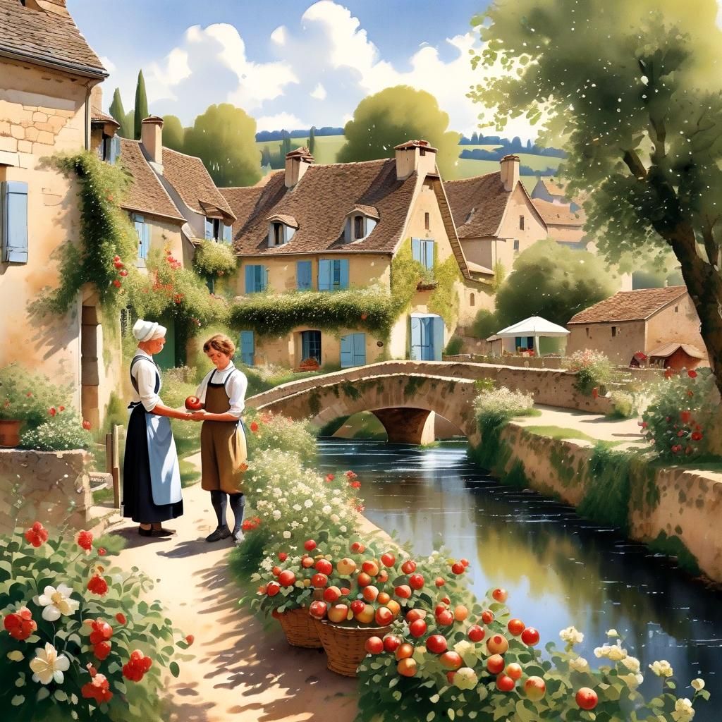 Picturesque French Village Scene in Matte Painting Style