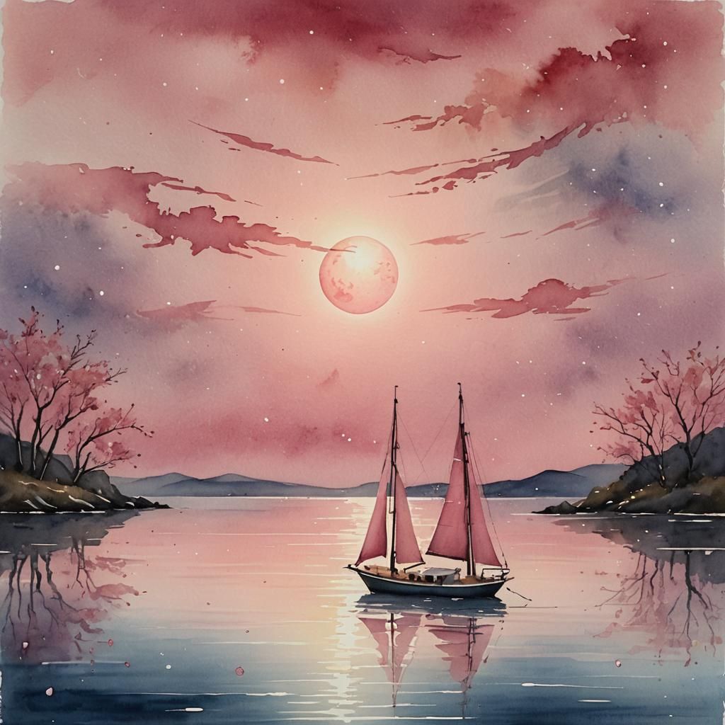 Pink Sailboat on Starlit Sea: Watercolor Painting