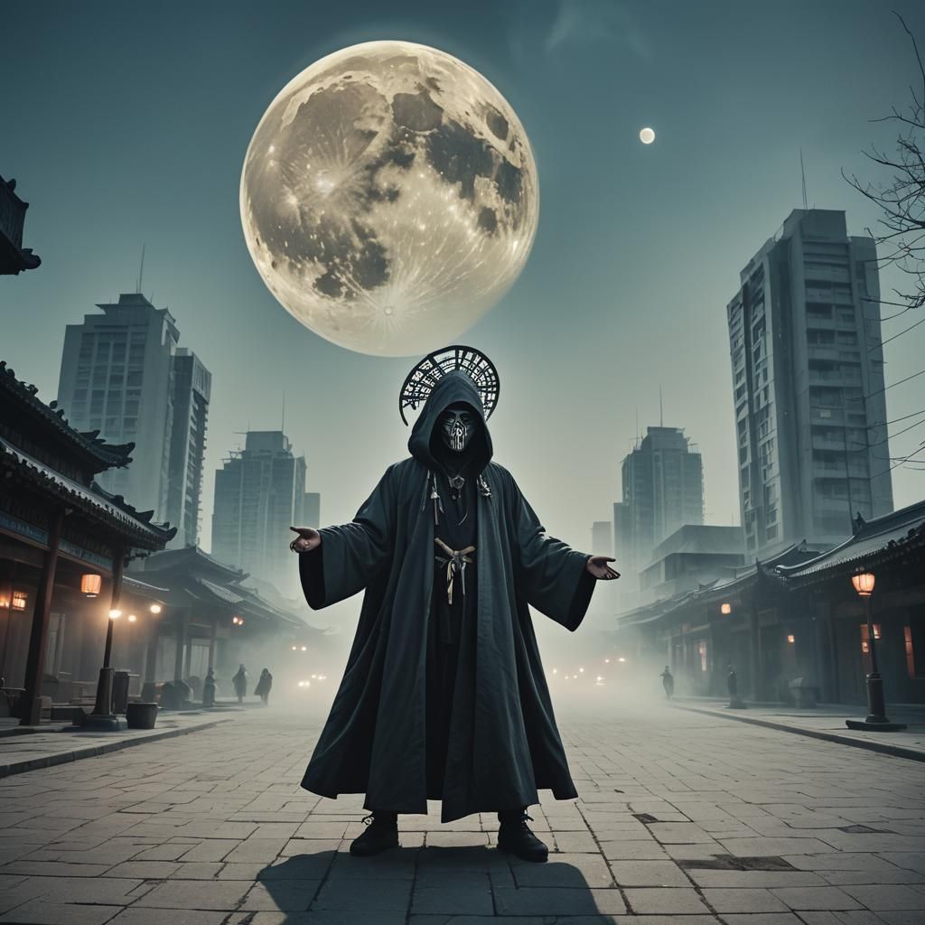 Cinematic Shaman in Tai Chi Pose with Futuristic City