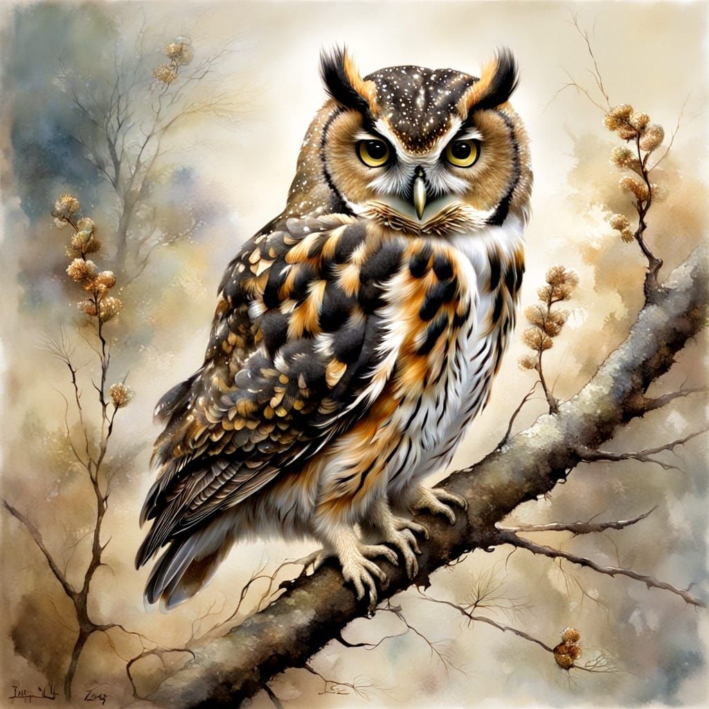 Impressionist Owl and Mouse on Branch in Spring Colors
