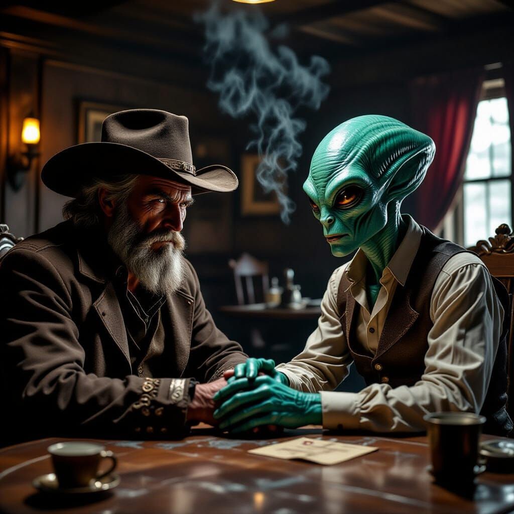 In a  Wild West saloon, a Bandit and Alien make a pact