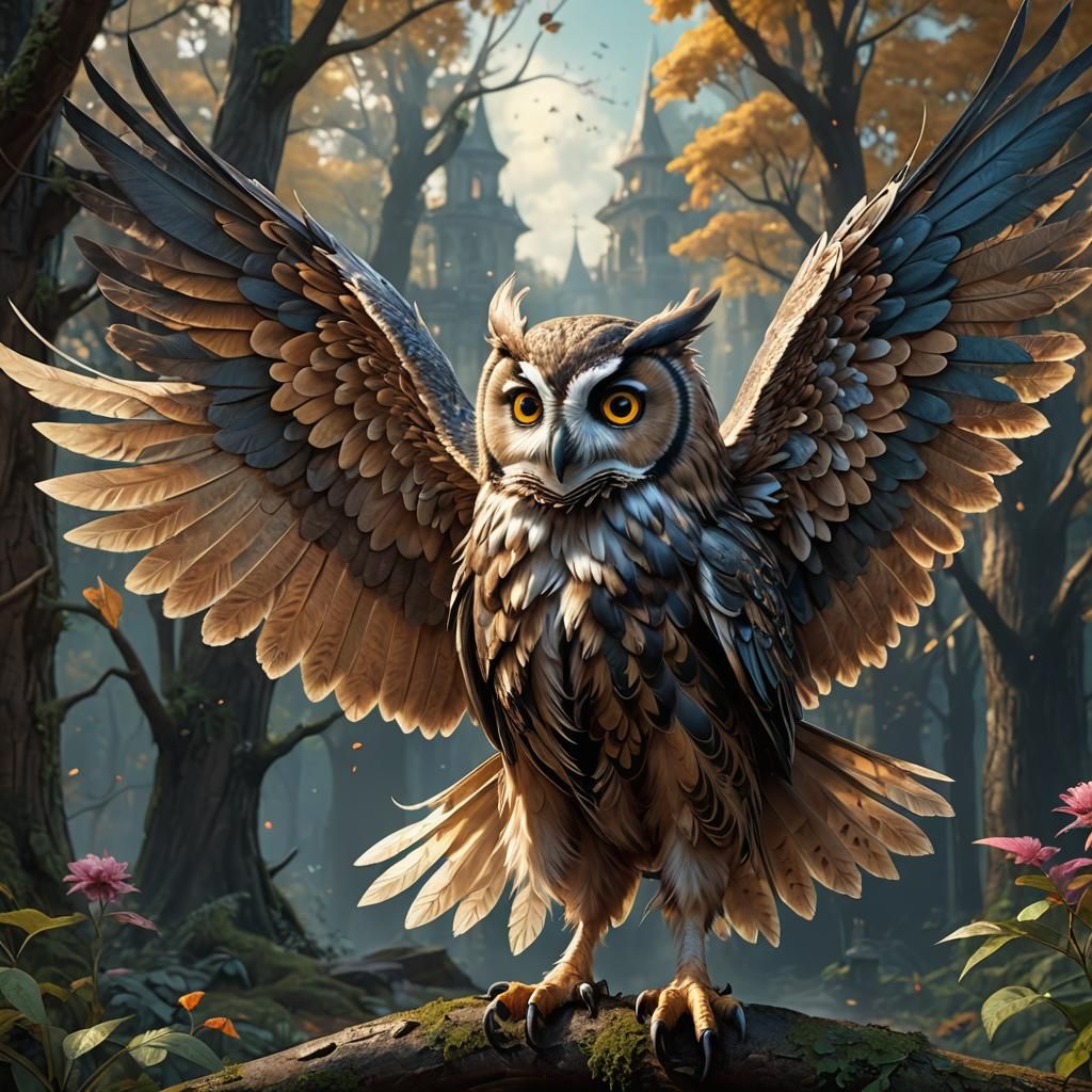 Cute Owl Girl with Wings in Digital Matte Painting
