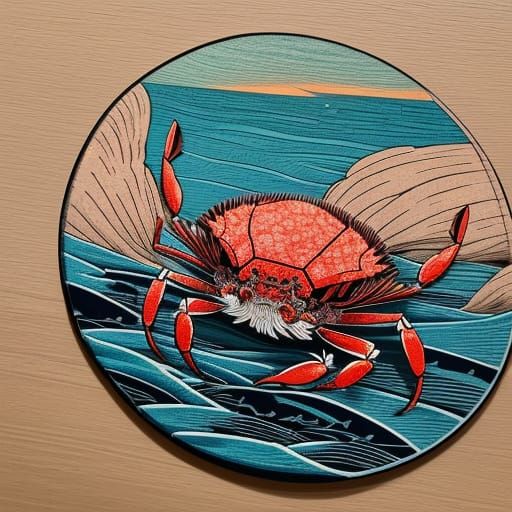 Dead Crab in Traditional Japanese Woodblock Style