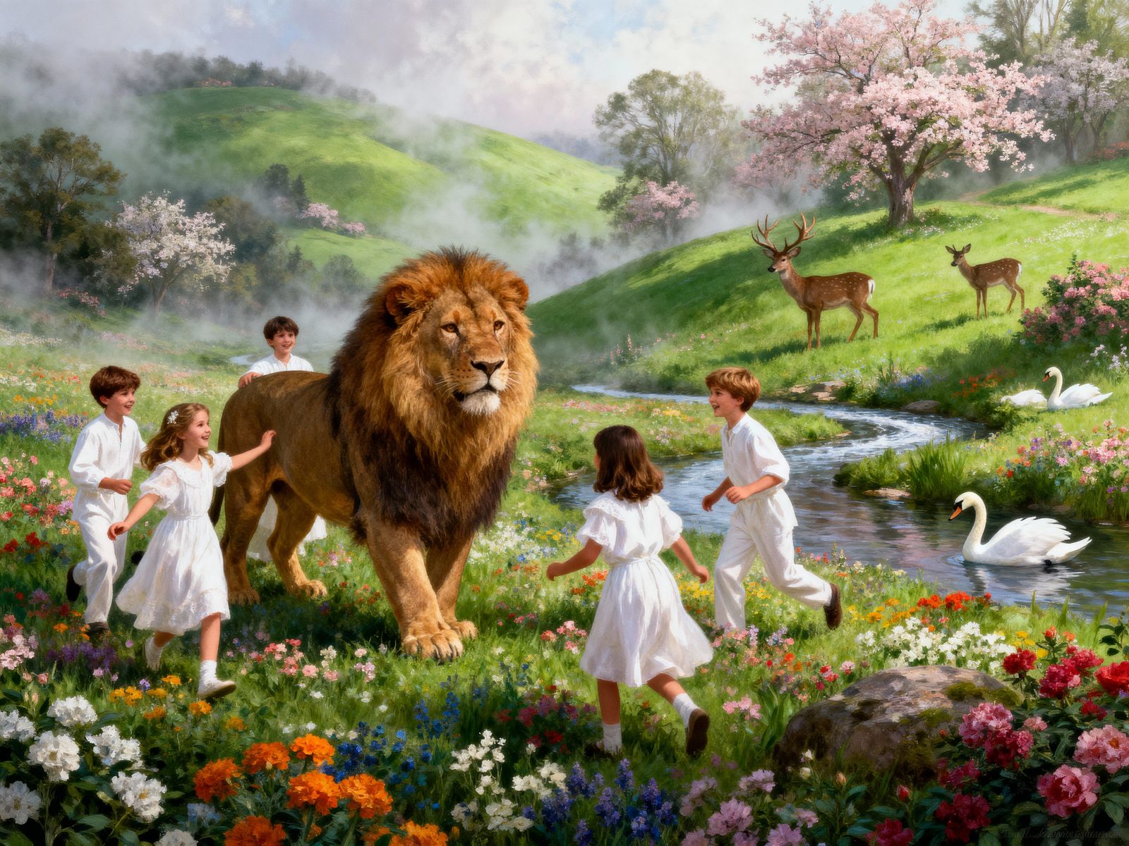 Children Play With Majestic Lion in Ethereal Fantasy Landsca...