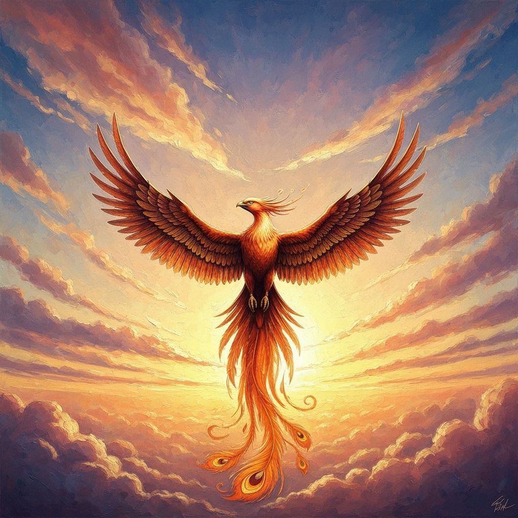 Phoenix Soaring at Sunset in Impressionist Gouache