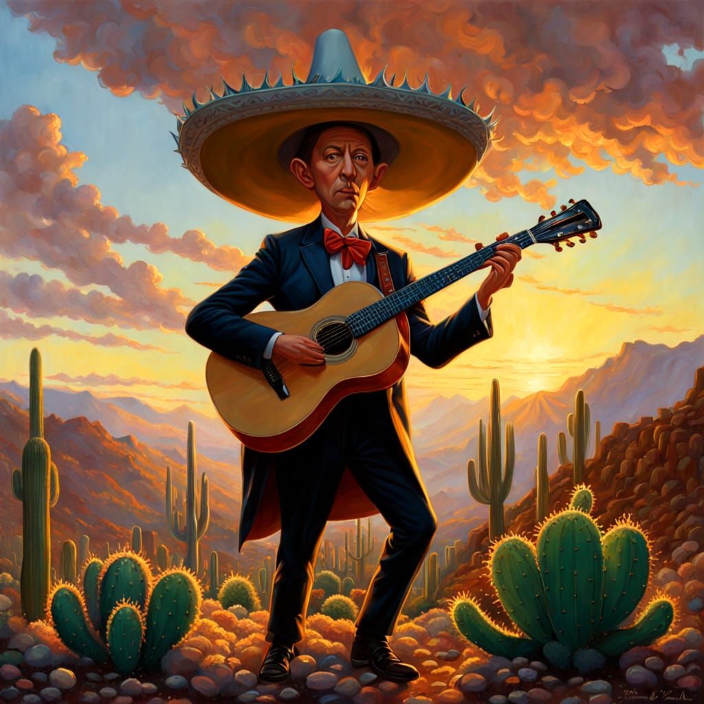 Surreal Squid Guitarist in Stormy Cactus Garden