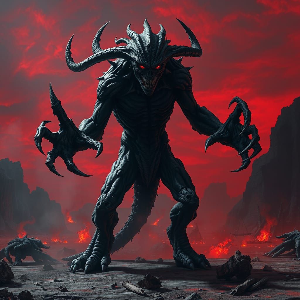 Gothic Monster in Sulfur Wasteland with Red Sky