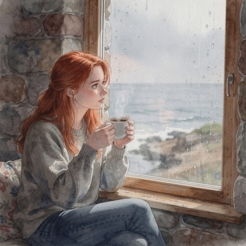 Aquarelle Woman Sips Coffee Gazing at Misty Seascape Vista