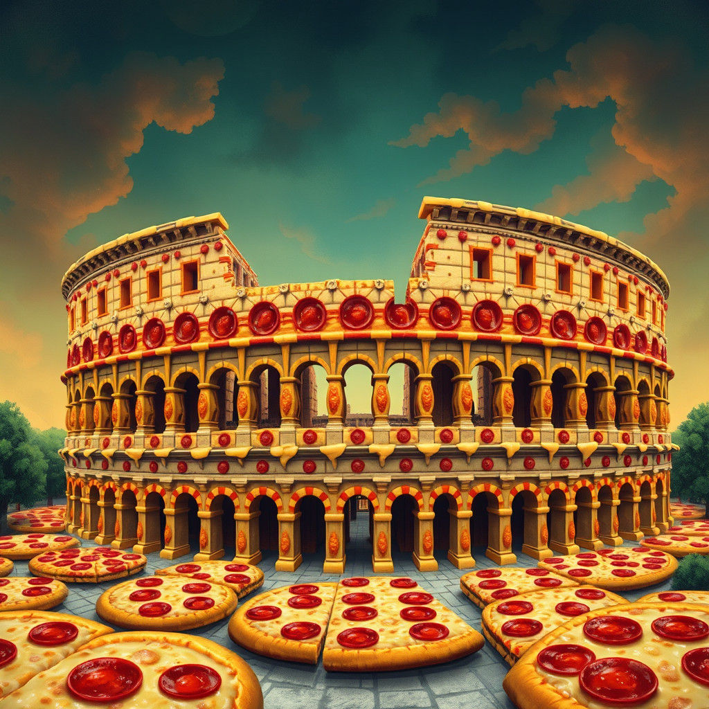 Pepperoni Pizza Colosseum in Whimsical Style