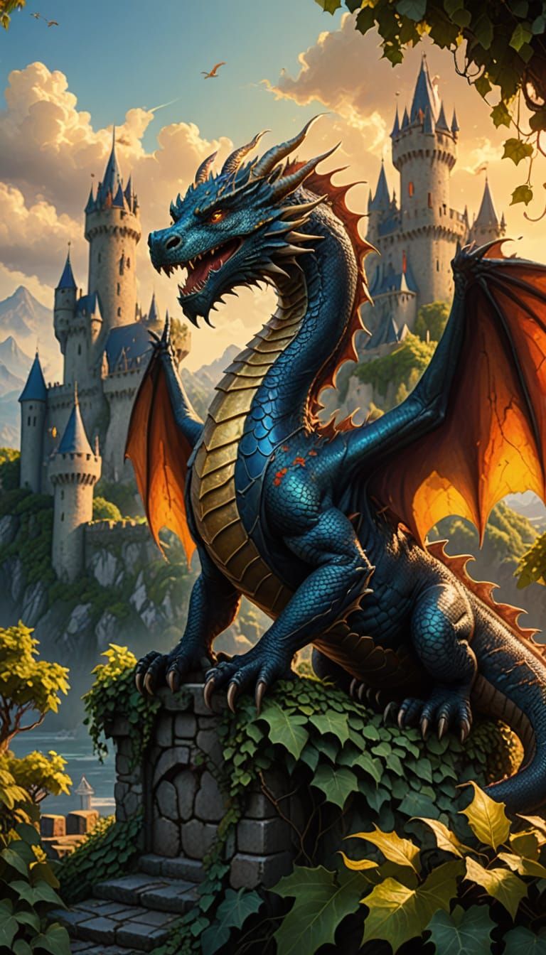 Dragon on Castle: Vibrant Oil Painting