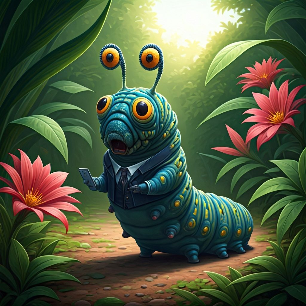 Caterpillar in Suit Talks on Smartphone in Vibrant Garden