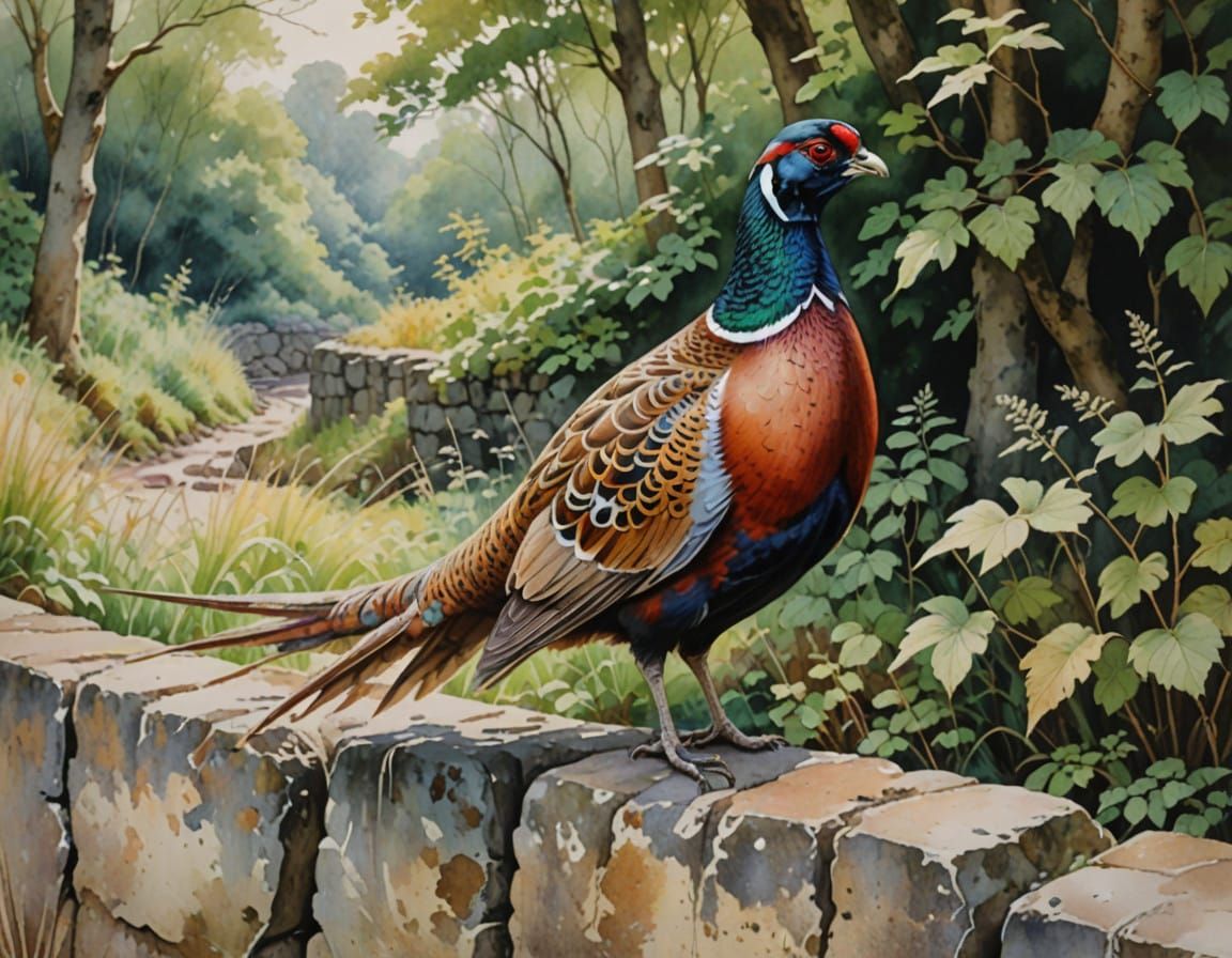 Watercolour Pheasant on Ancient Stone Wall in Woodland