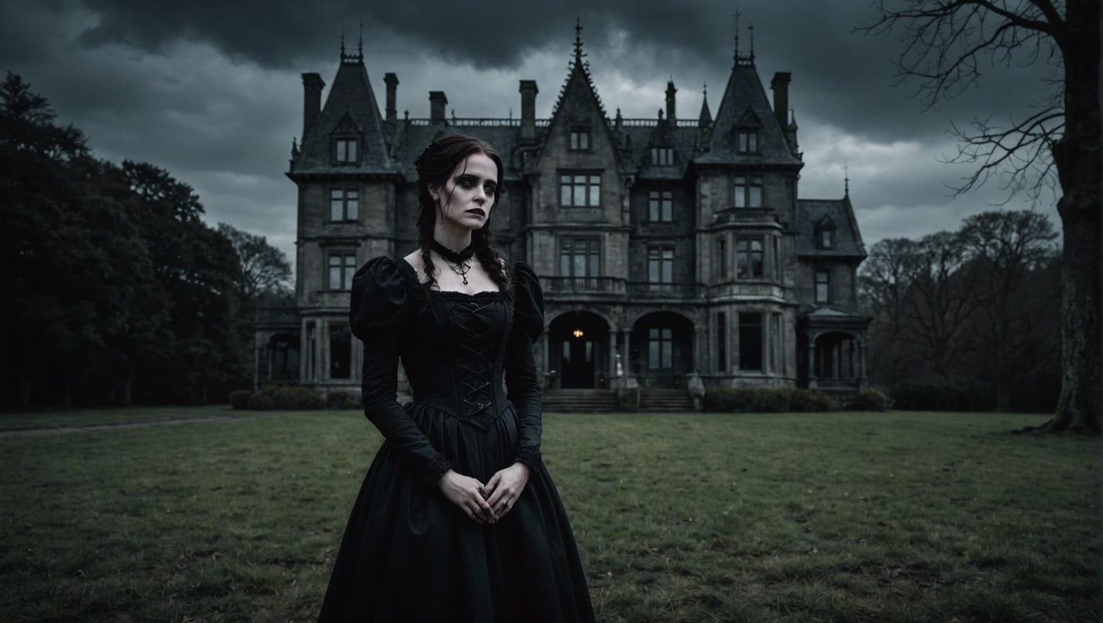 Gothic Woman in Mourning Outside Dark Mansion