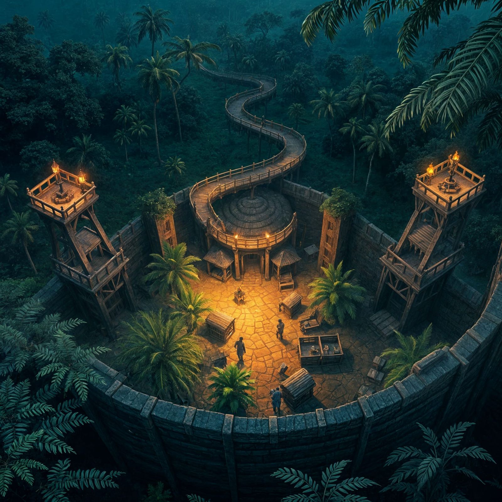 Amazon Settlement at Night in Detailed Matte Painting